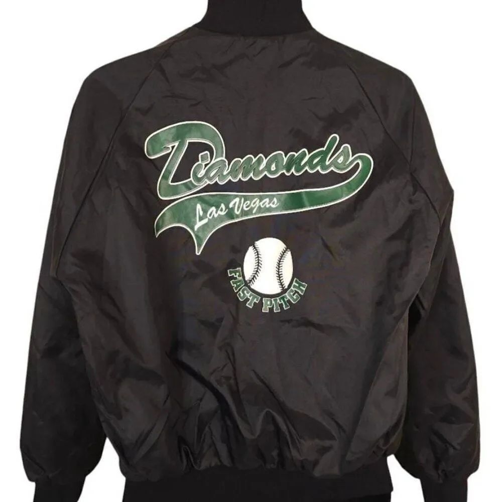 Vintage Diamonds Fast Pitch Satin Bomber Jacket Mens Size Large Black Softball